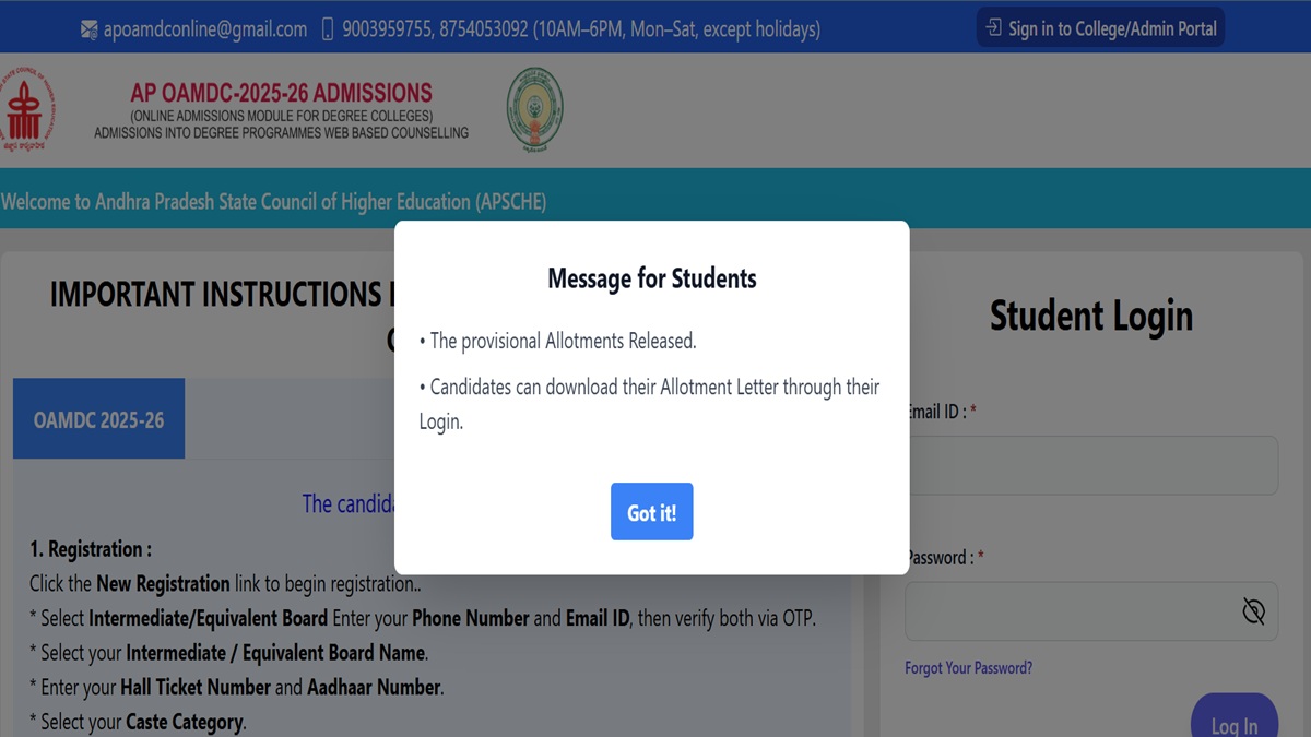 AP OAMDC 2025: Round 1 Counselling Seat Allotment Result OUT at oamdc.ucanapply.com