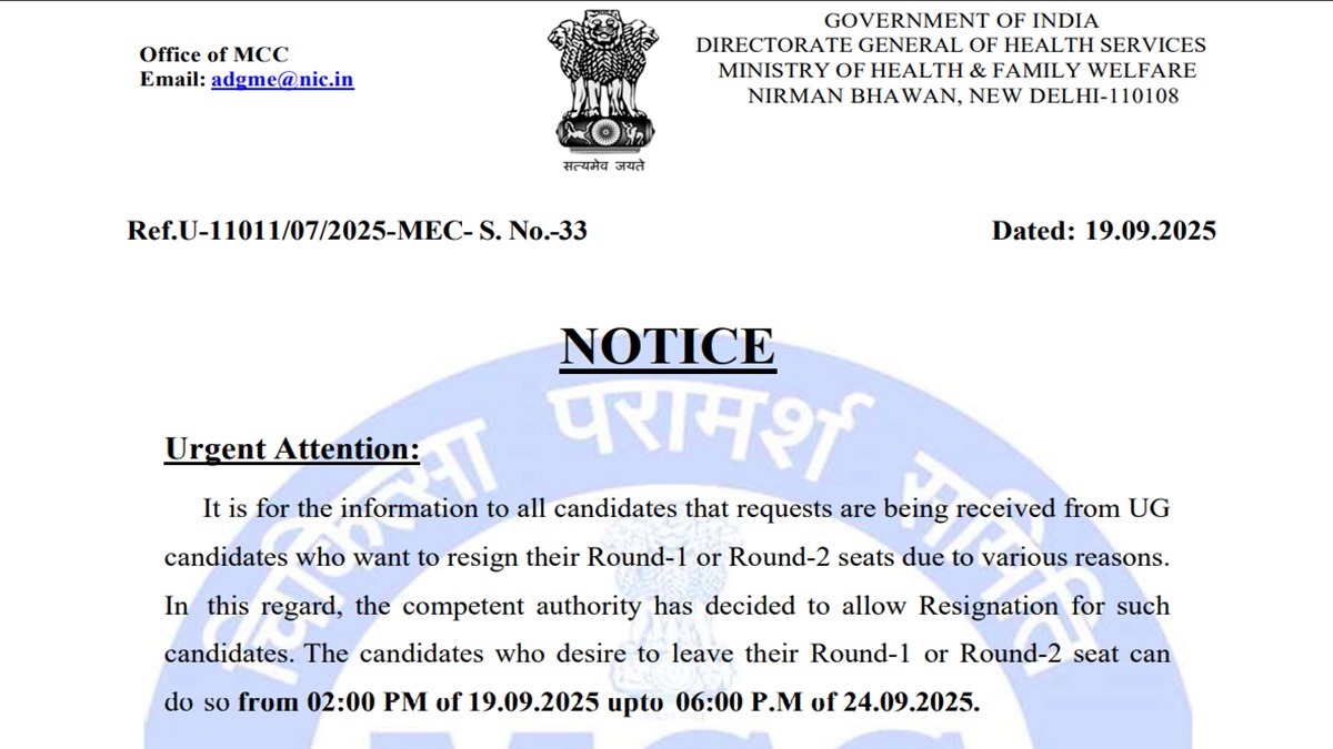 NEET UG Counselling 2025 Round 1 and 2 Seat Resignations Begin, Check Notification Here