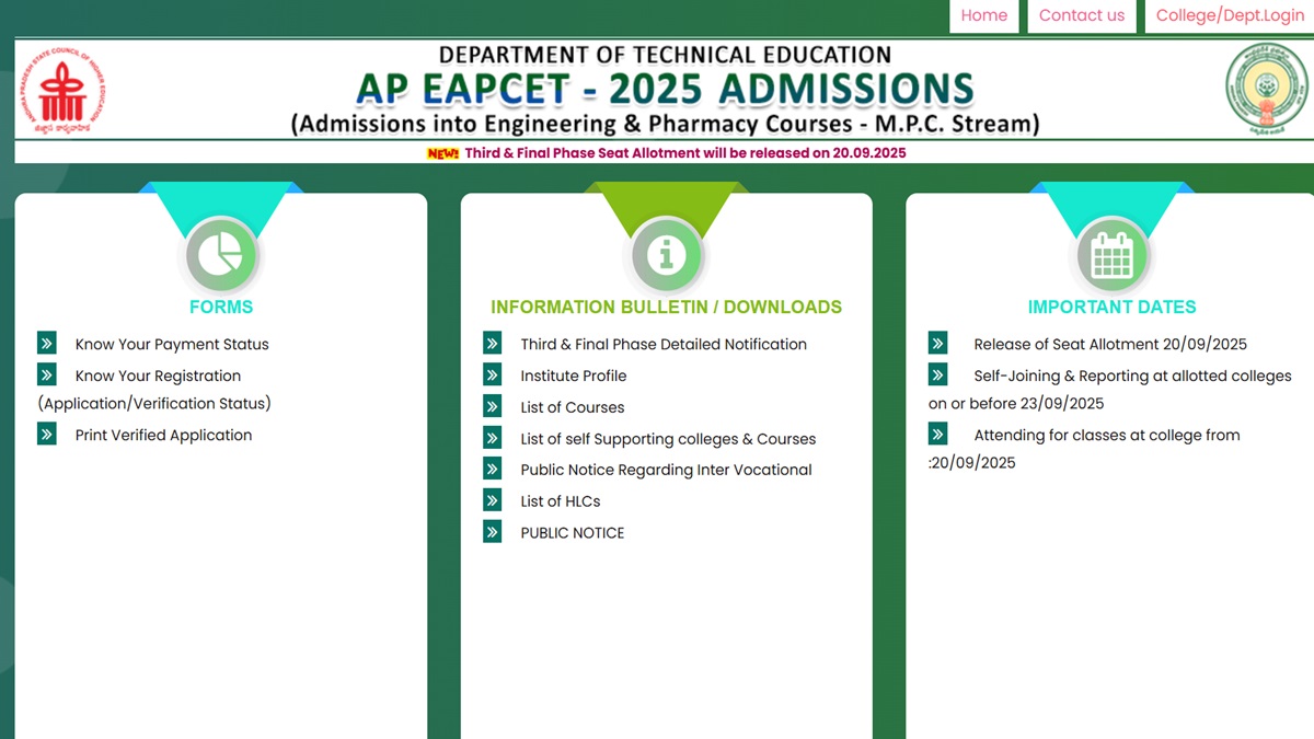 AP EAMCET 2025 Counselling Final Phase Seat Allotment Today, Download PDF at eapcet-sche.aptonline.in
