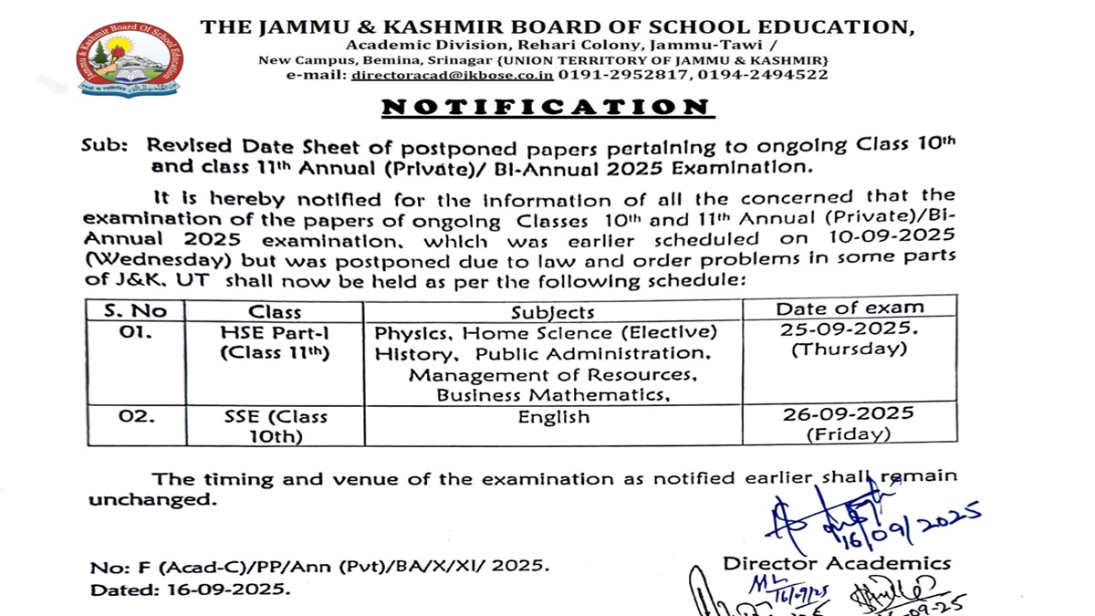 JKBOSE 10th, 11th Bi-Annual Exam 2025: Revised Schedule Released at jkbose.nic.in; Check Details Here