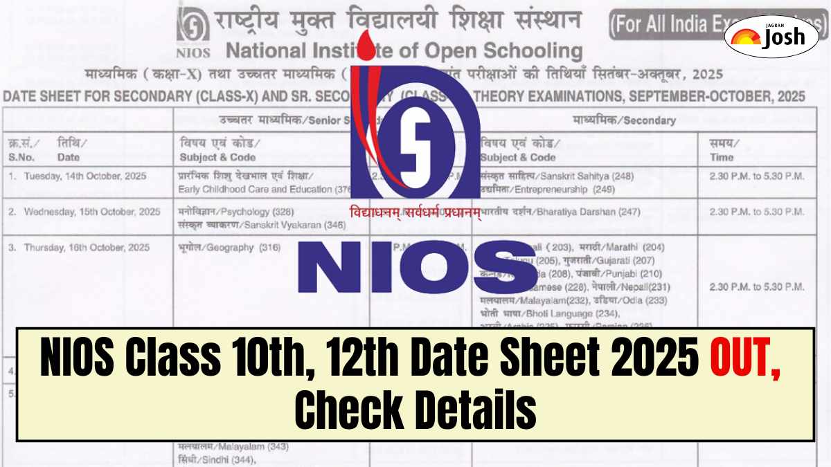 NIOS Datesheet 2025: Check Class 10th and 12th October, November Exam Dates, Download PDF