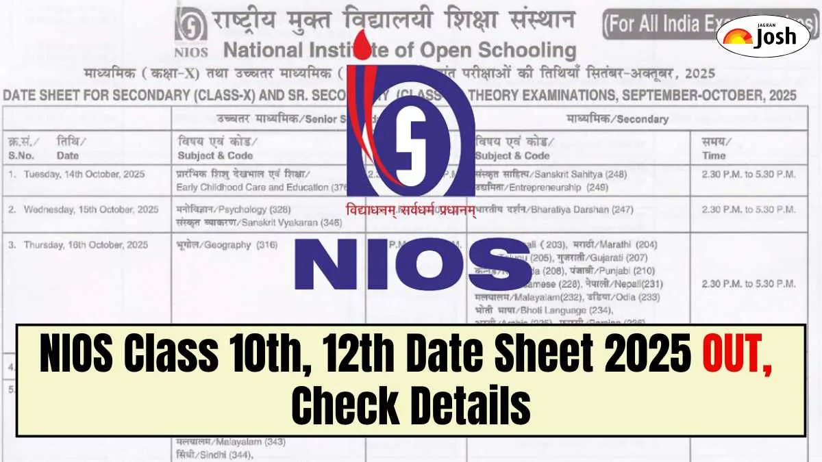 NIOS Datesheet 2025: Check Class 10th and 12th October, November Exam Dates, Download PDF