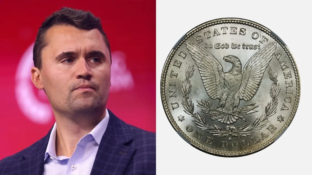 Charlie Kirk (left) and a silver dollar coin reverse side (right)