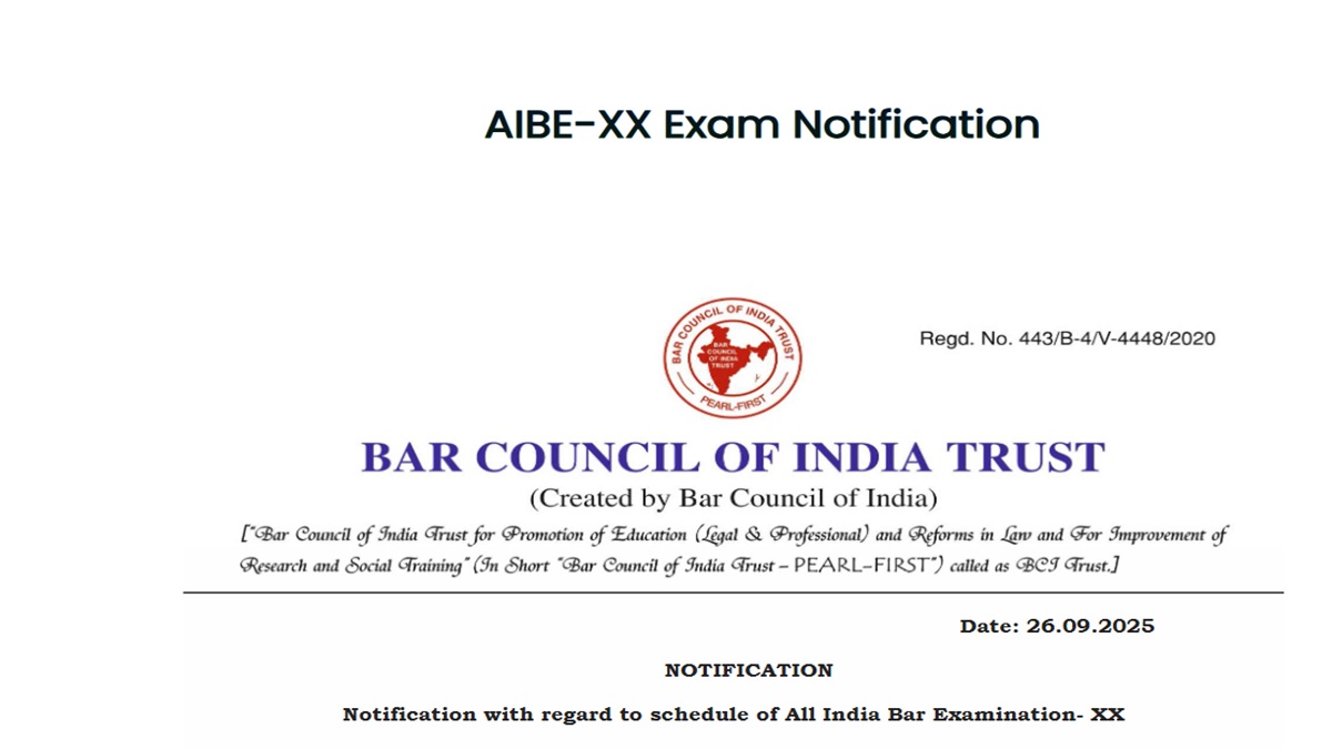 AIBE 20 Notification 2025: BCI Released Notification at allindiabarexamination.com, Exam on November 30