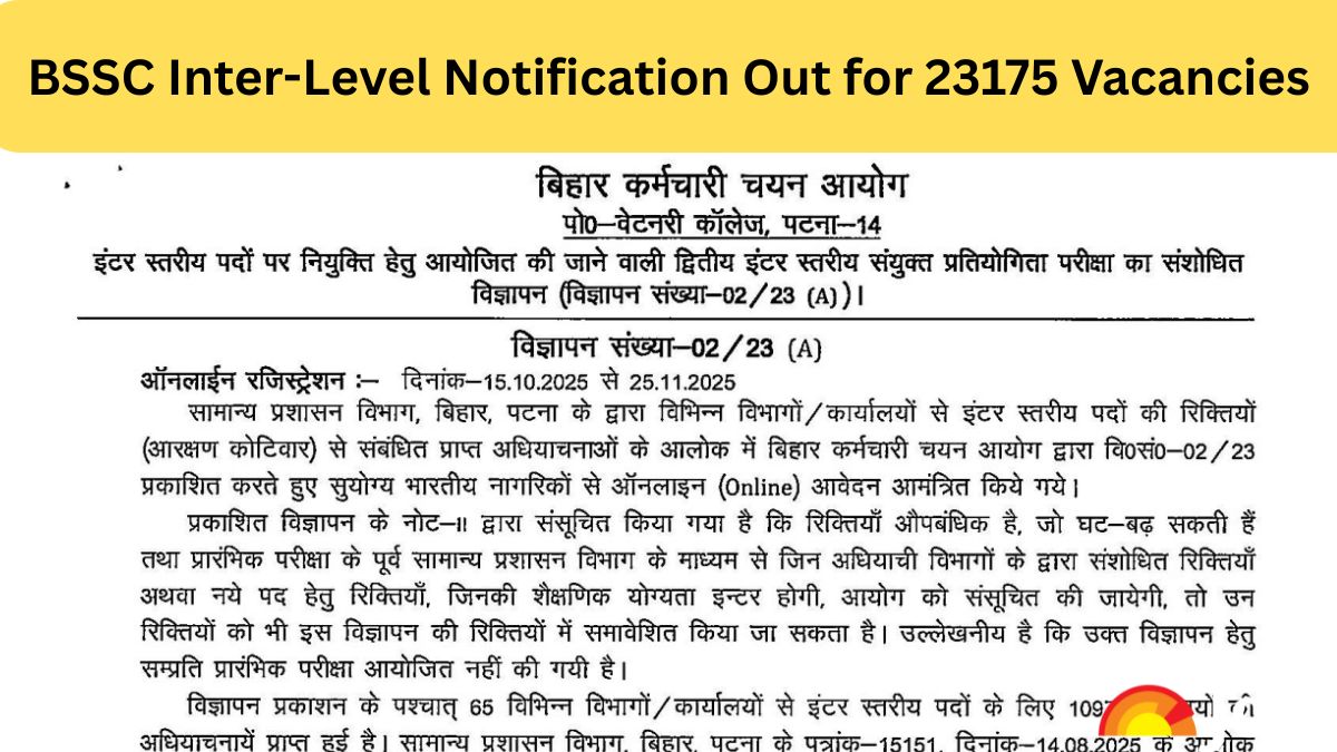BSSC Inter Level Vacancy 2025 Notification Out for 23,175 Vacancies - Check Apply Online Date, Post Details and More