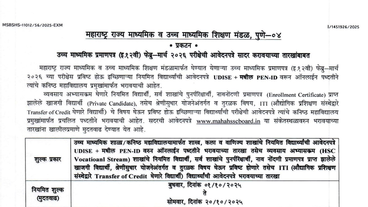 Maharashtra 12th Exam Form 2026 Submission Deadline Extended, Check Latest Updates Here