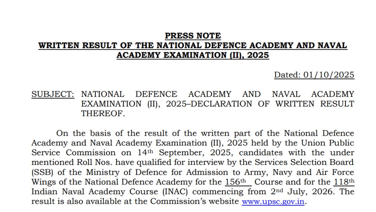 UPSC NDA 2 Result 2025 OUT at upsc.gov.in – Download Merit List PDF & Check SSB Interview Details