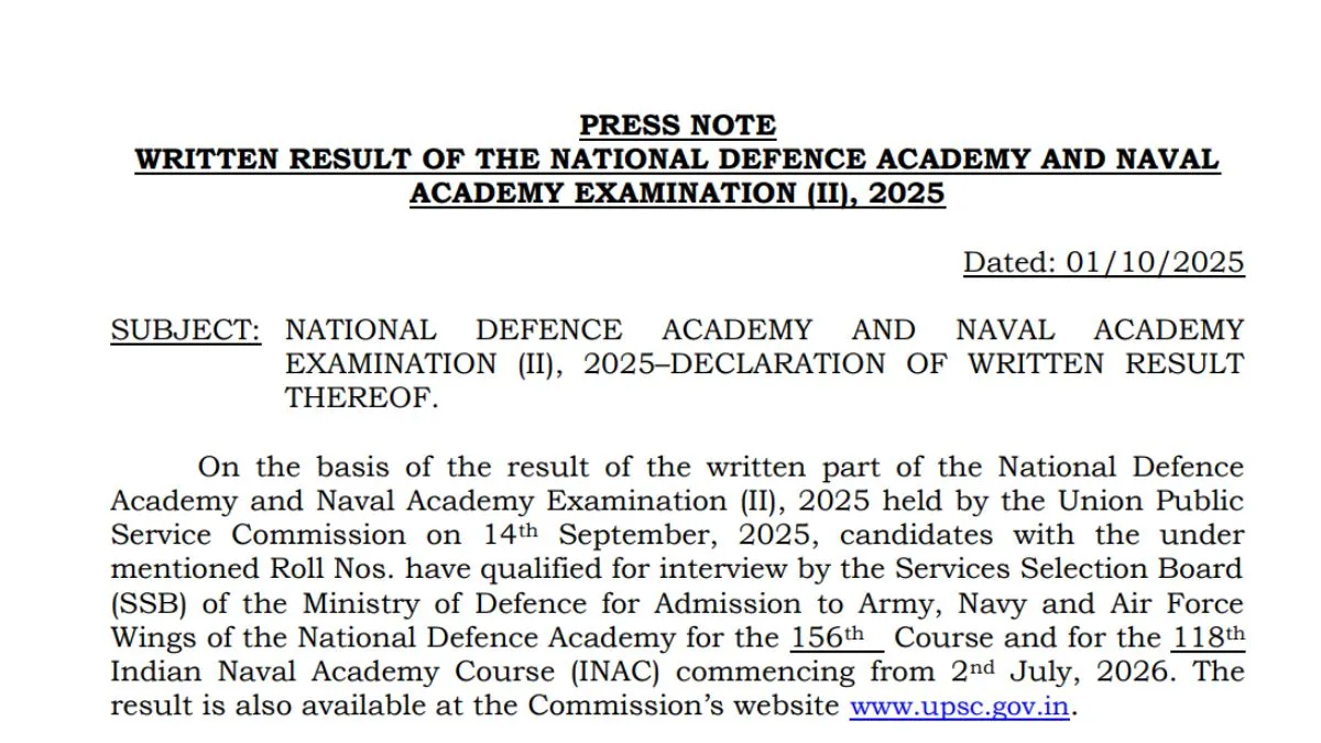 UPSC NDA 2 Result 2025 OUT
