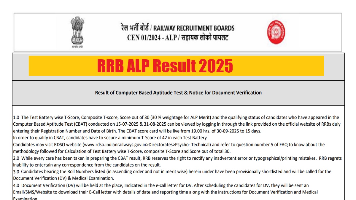 RRB ALP Result 2024 Out: Railway Assistant Loco Pilot (CEN 01/2024) CBAT Result Released - Check Socrecard and Merit List PDF - Link Here