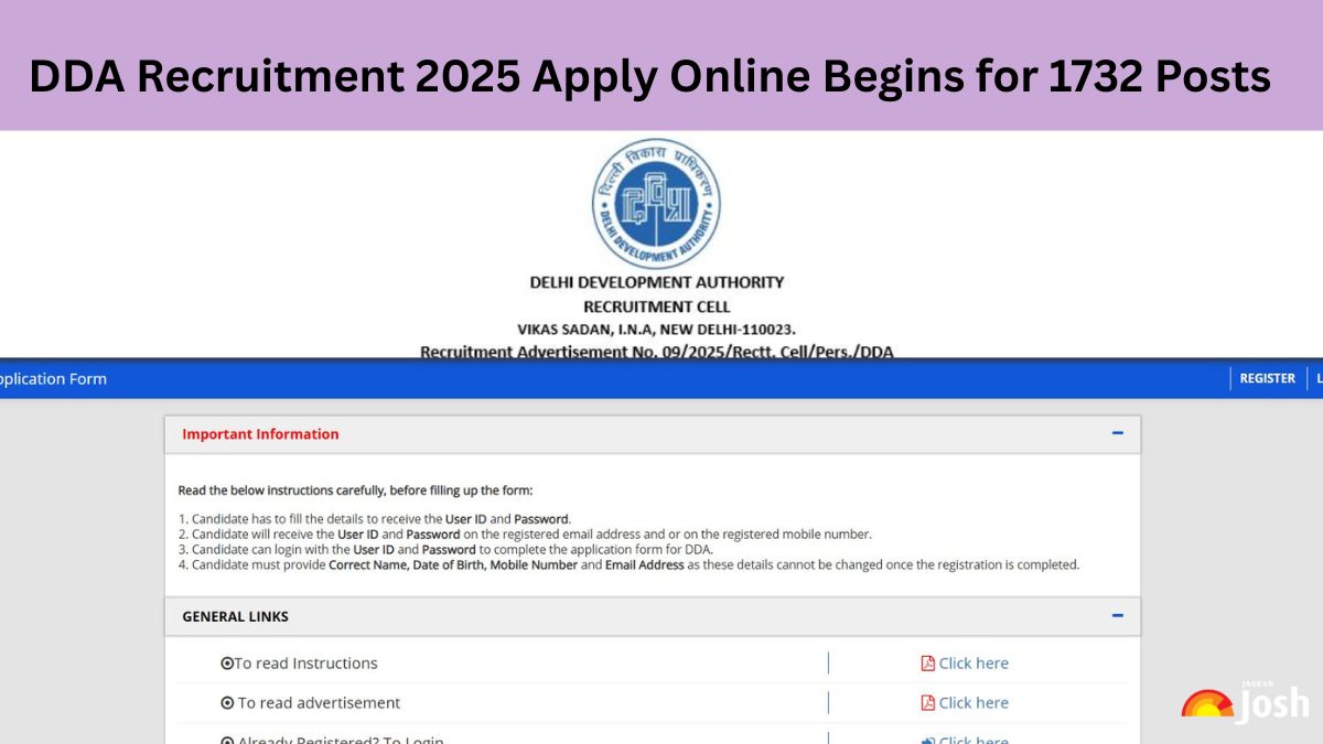 DDA Recruitment 2025 Apply Online Begins for 1732 Posts at dda.gov.in, Check Application Fees, Eligibility and More