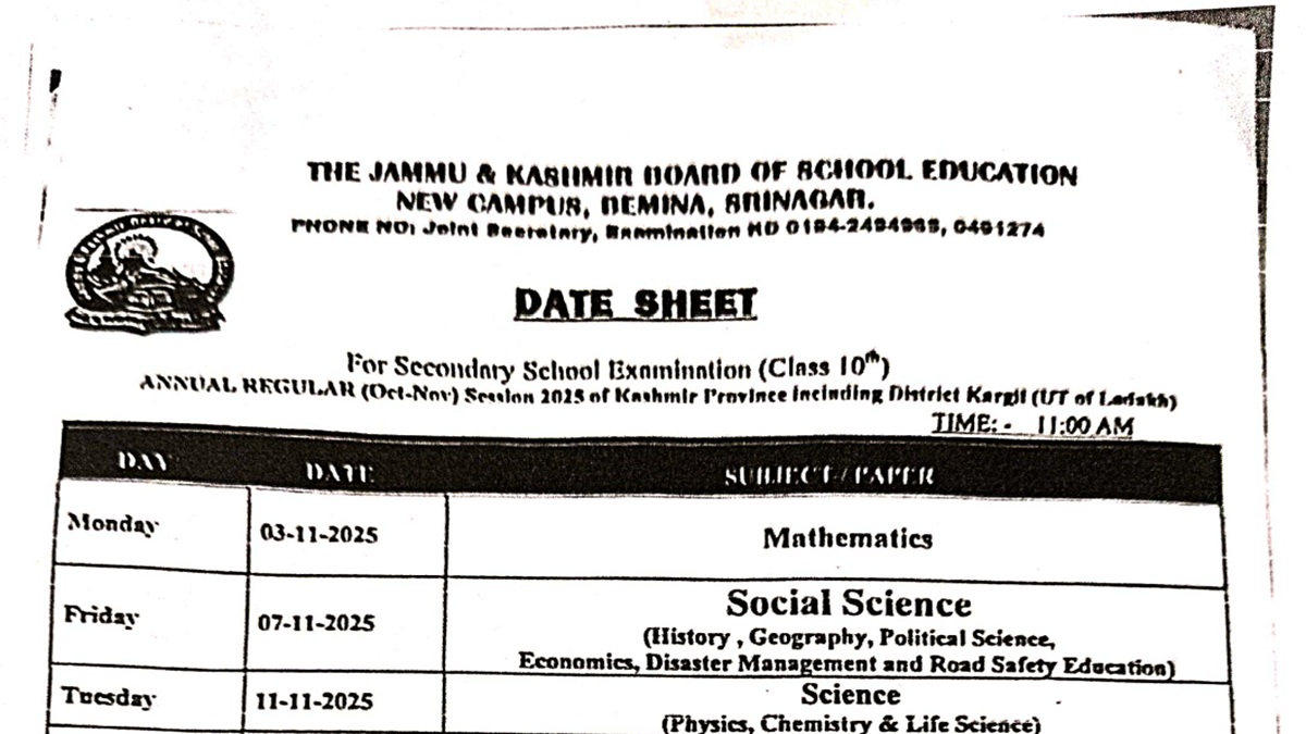 JKBOSE 10th Datesheet 2025 Out, Download Annual Regular Session Timetable PDF at jkbose.nic.in