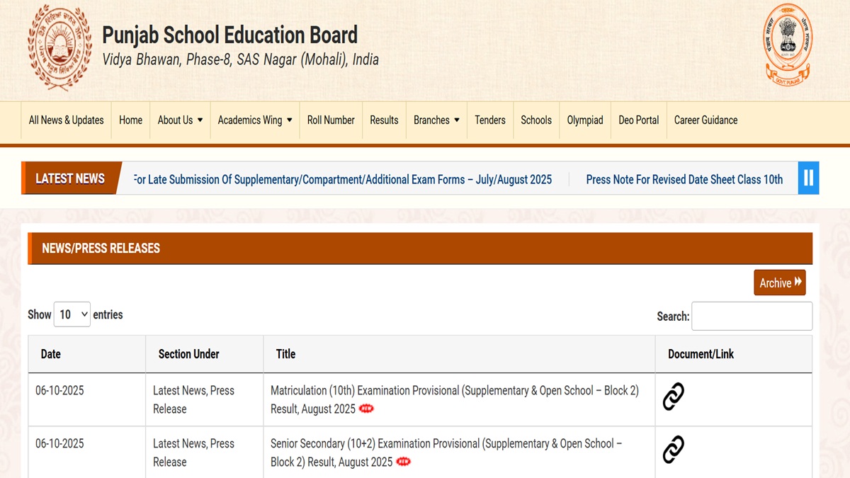 PSEB 10th, 12th Supplementary Results 2025 Declared, Download Scorecard at pseb.ac.in