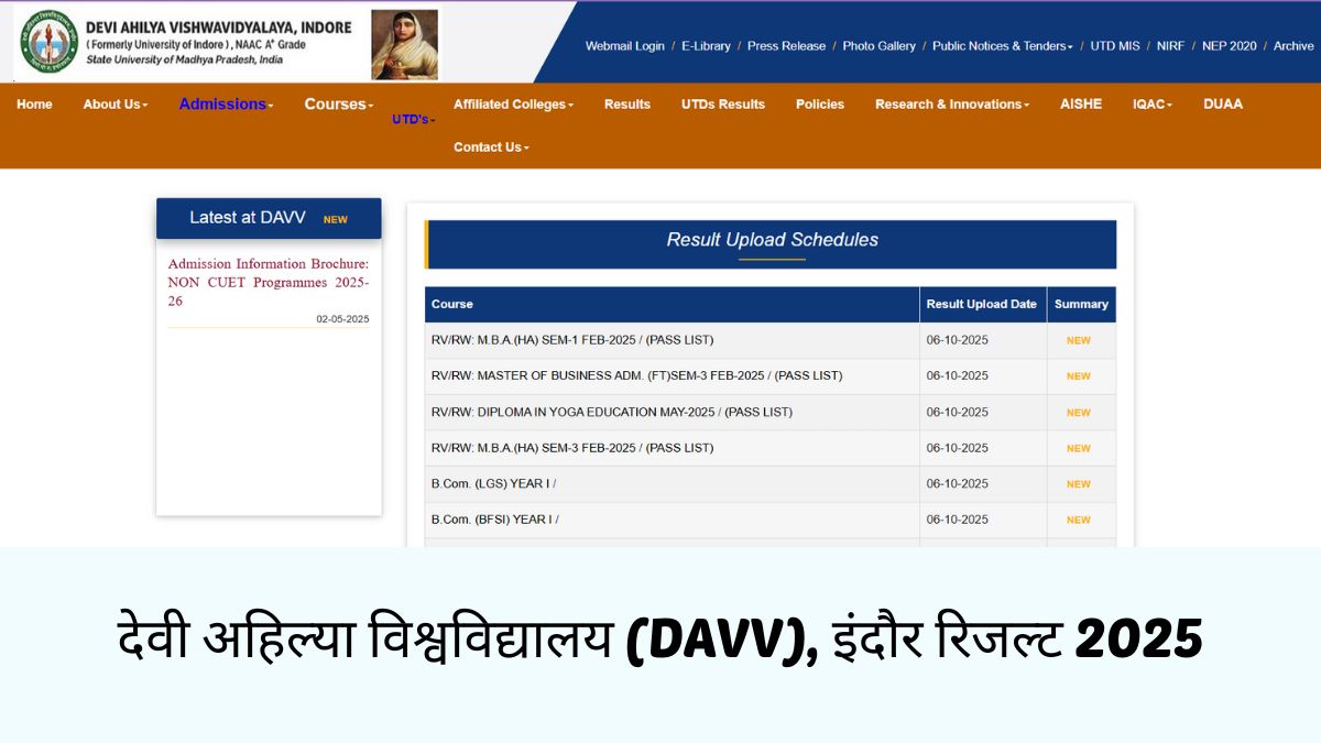 DAVV Result 2025 OUT: देवी अहिल्या विश्विद्यालय रिजल्ट जारी, ये रहा Direct Link