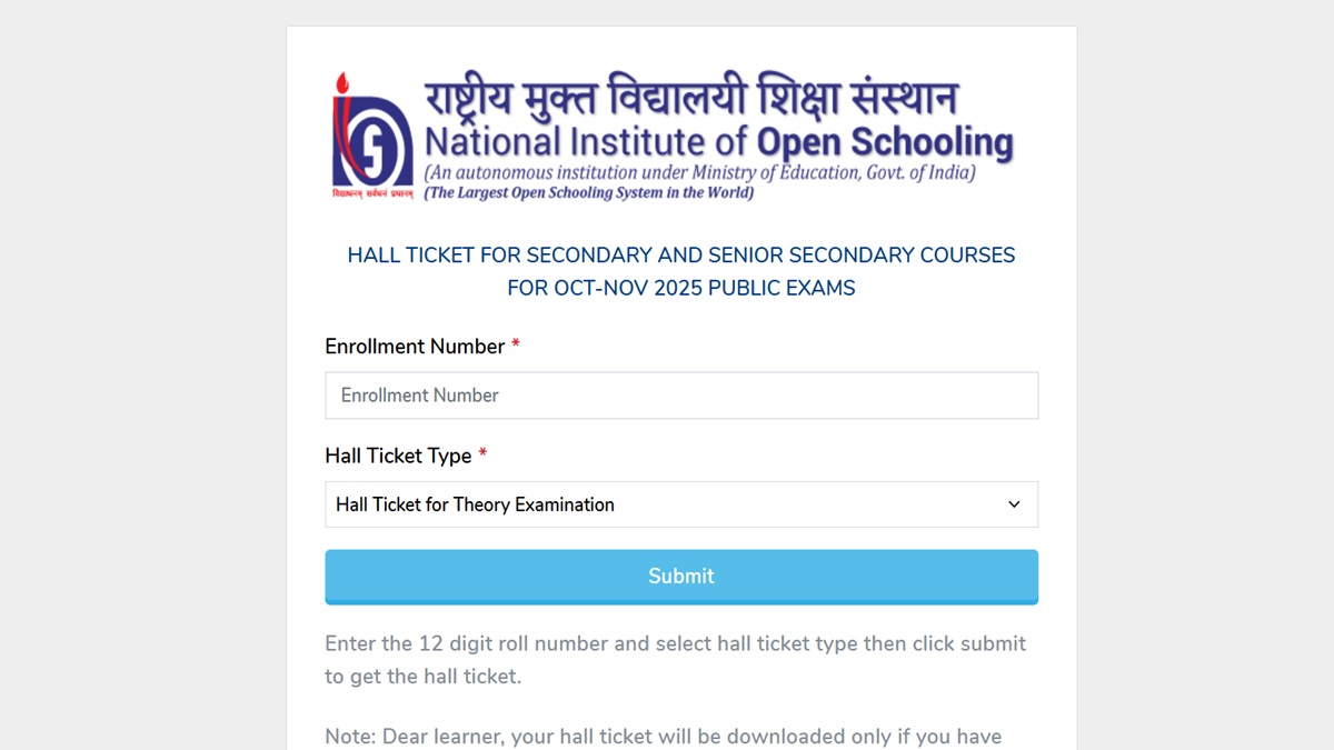 NIOS Hall Ticket 2025: October Theory Exams Admit Card Released at sdmis.nios.ac.in; Direct Link Here