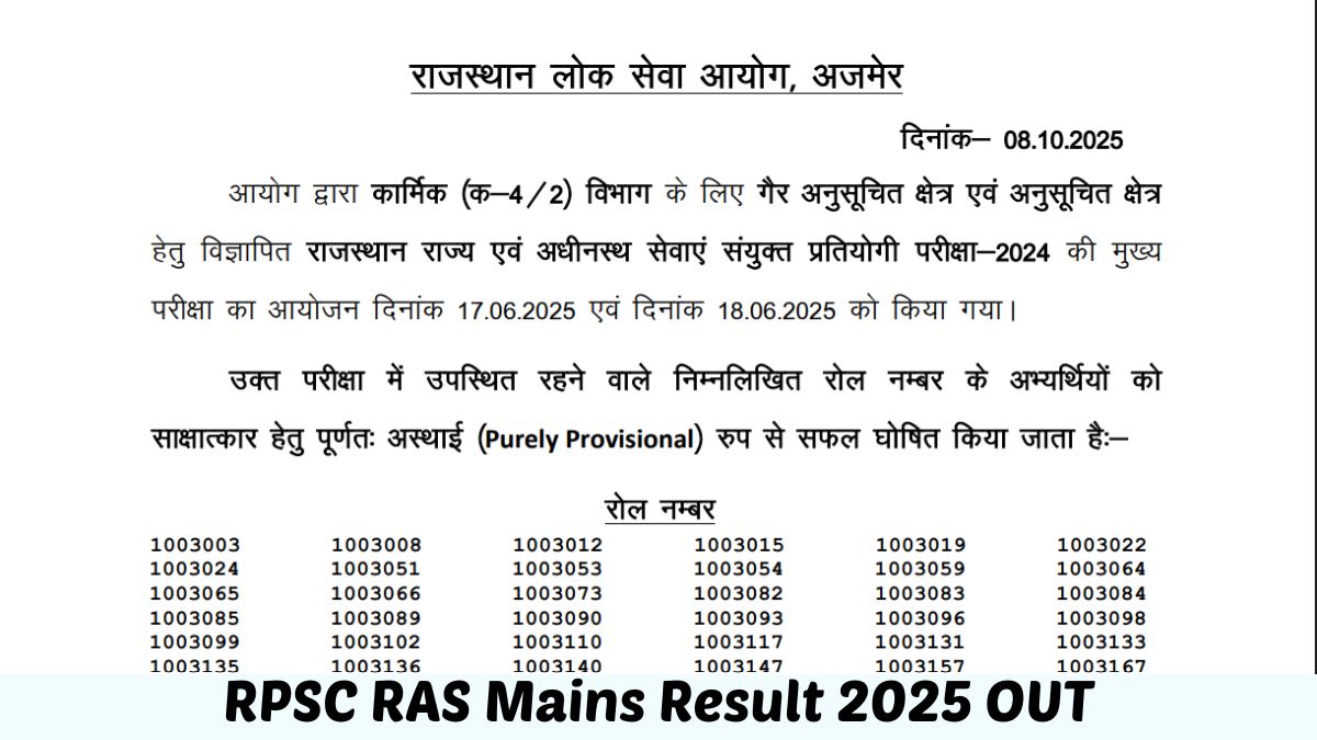RPSC RAS Mains Result 2025 OUT: आरपीएससी आरएएस मेंस रिजल्ट rpsc.rajasthan.gov.in पर जारी, ये रहा PDF लिंक