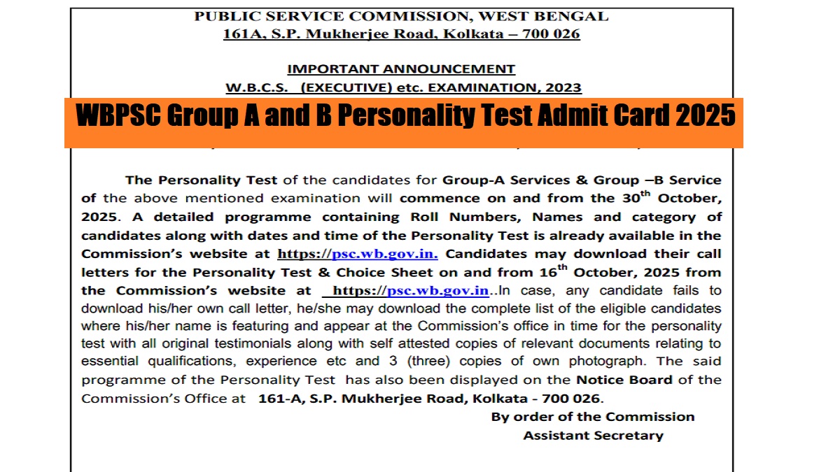 WBPSC Group A and B Personality Test Admit Card 2025 Scheduled to Release on October 18th - More Details Here