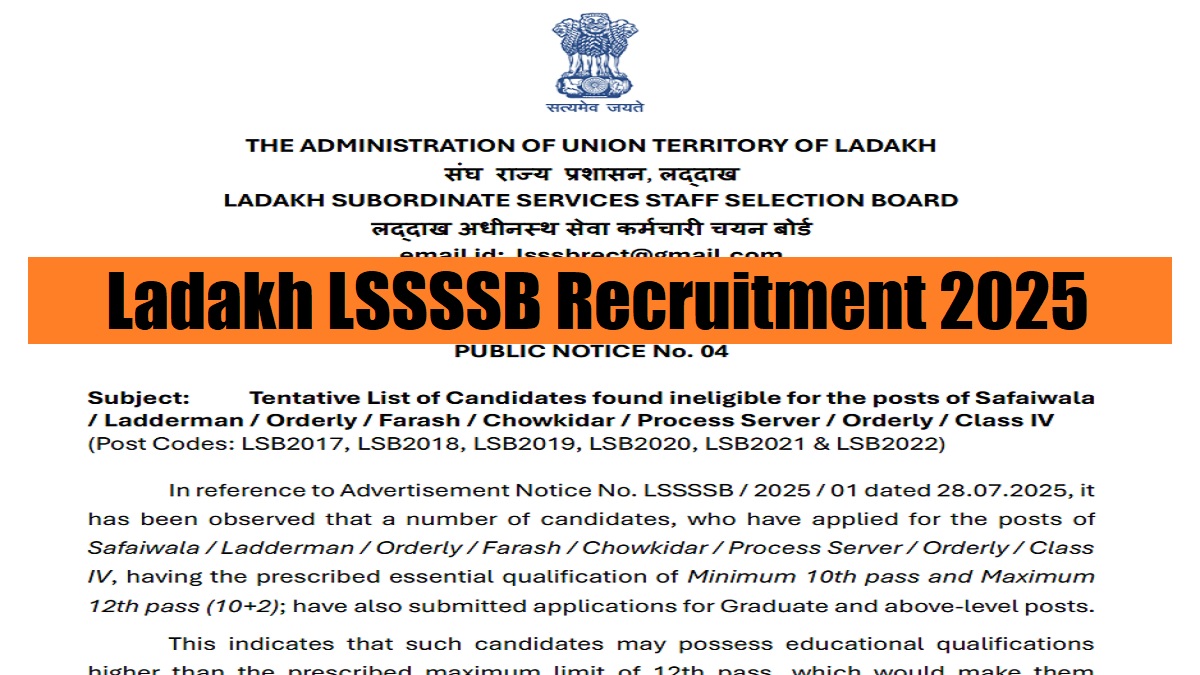 Ladakh LSSSSB Recruitment 2025: List of Ineligible Candidate Released at lssssb.ladakh.gov.in, Check Full PDF Here