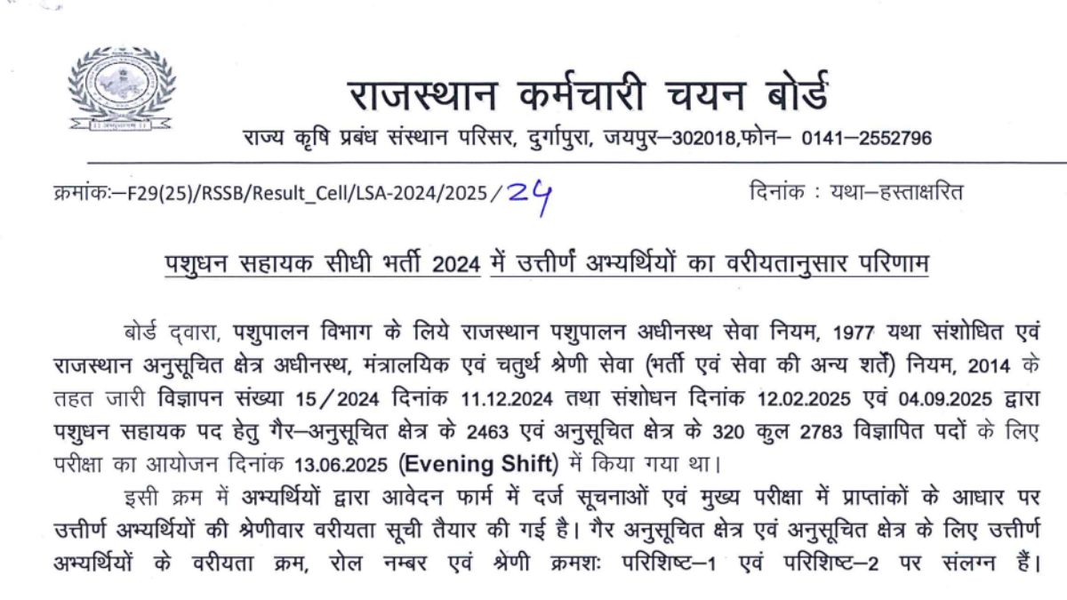 RSMSSB Livestock Assistant Result 2025 OUT: राजस्थान पशुधन सहायक भर्ती 2024 रिजल्ट जारी, अभी डाउनलोड करें मेरिट लिस्ट, कट ऑफ PDF
