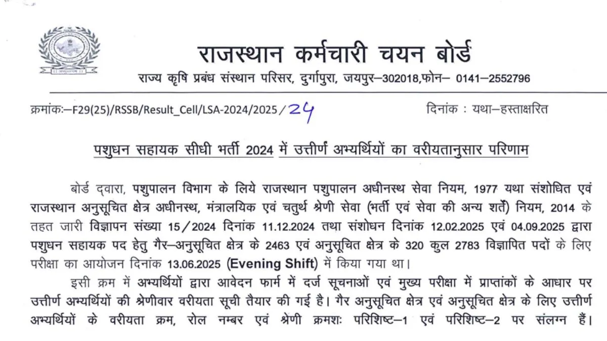 RSMSSB Livestock Assistant Result 2025 OUT
