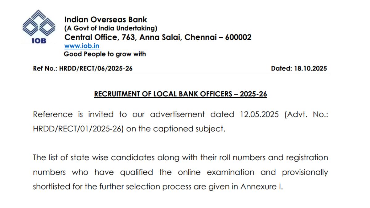 IOB LBO Result 2025 OUT: इंडियन ओवरसीज बैंक lbo रिजल्ट जारी, ये रहा Merit List PDF Direct Link