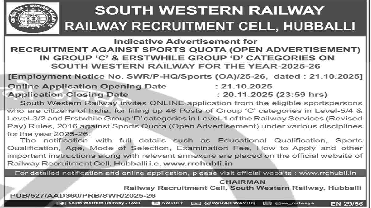 RRC SWR Recruitment 2025 Released at rrchubli.in, Check Apply Online, Eligibility, Selection Process and More