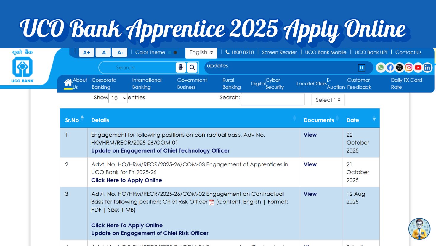 UCO Bank Apprentice Recruitment 2025 Apply Online Begins at ucobank.in for 500 Posts - Check More Details Here