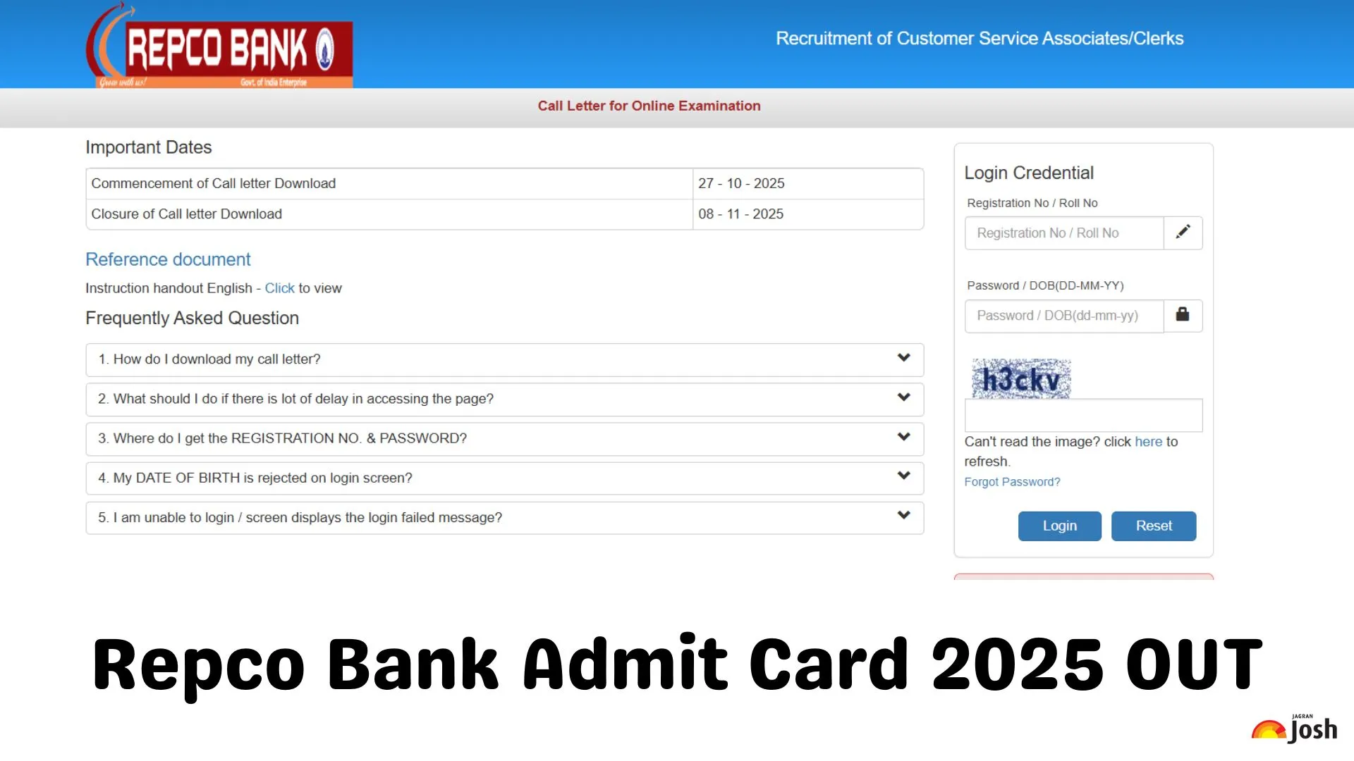 REPCO Bank Clerk Admit Card 2025 OUT