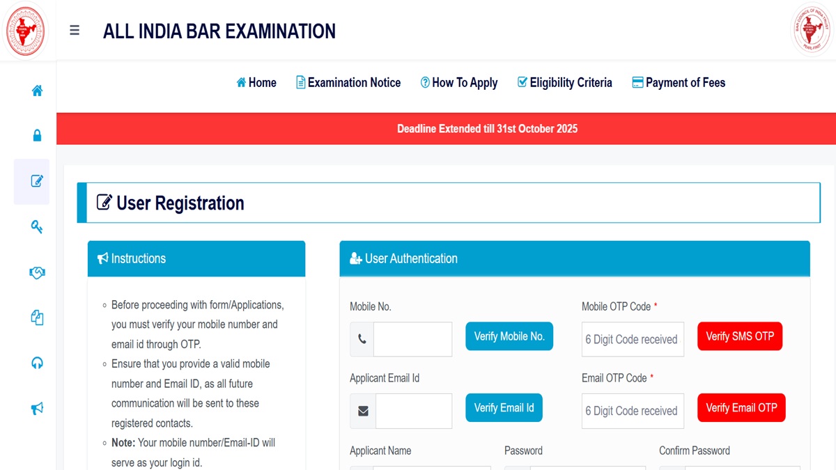 AIBE 20 Registration 2025 Extended Till October 31, Apply at allindiabarexamination.com