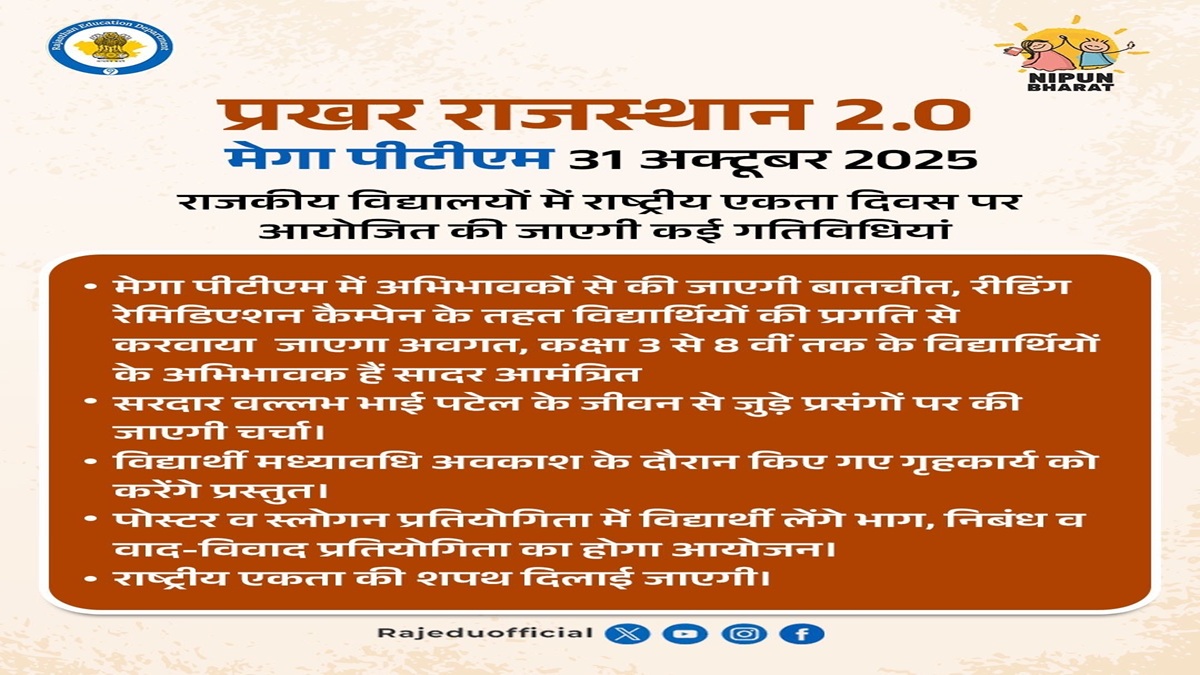 Rajasthan Mega Parent Teacher Meeting on October 31 to Connect Teachers and Parents