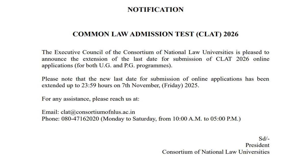 CLAT 2026 Registration Deadline Extended, Apply Until Nov 7 at consortiumofnlus.ac.in