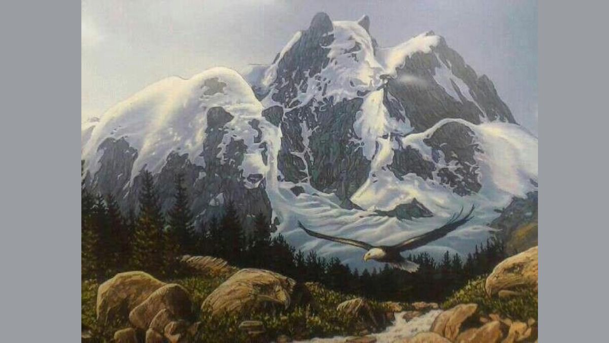 99% People Can Observe Either Only the Snowy Landscape or an Eagle, But Only a Genius can spot all the hidden Bears in this Snowy Mountain Optical Illusion