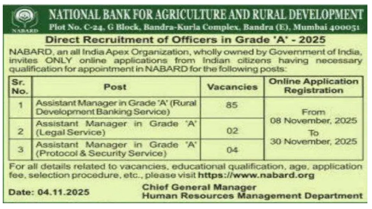 NABARD Grade A Notification 2025 Released for 91 Assistant Manager Posts- Check official PDF, IMP Date and More