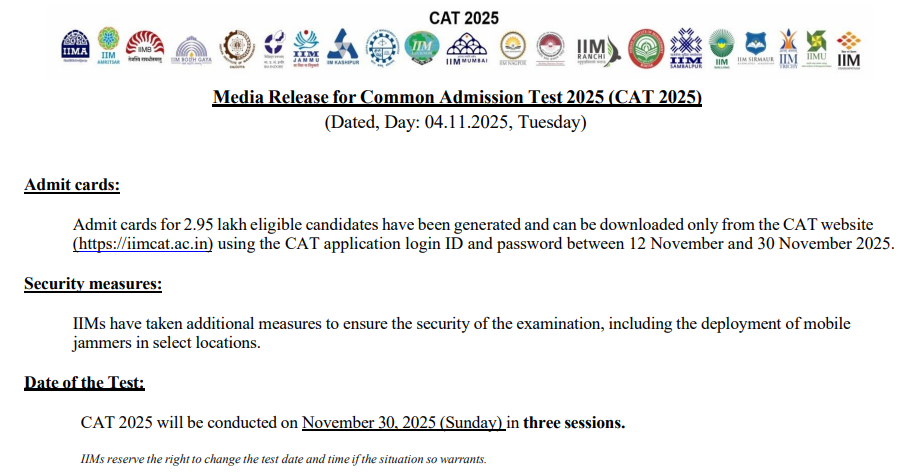 IIM Kozhikode to release the CAT 2025 admit card on November 12, 2025.