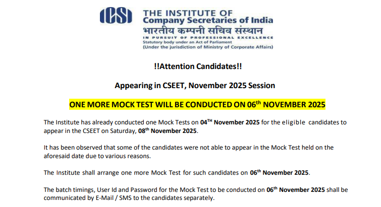 ICSI CSEET November 2025: Additional Mock Test TODAY; Download Admit Card at icsi.org