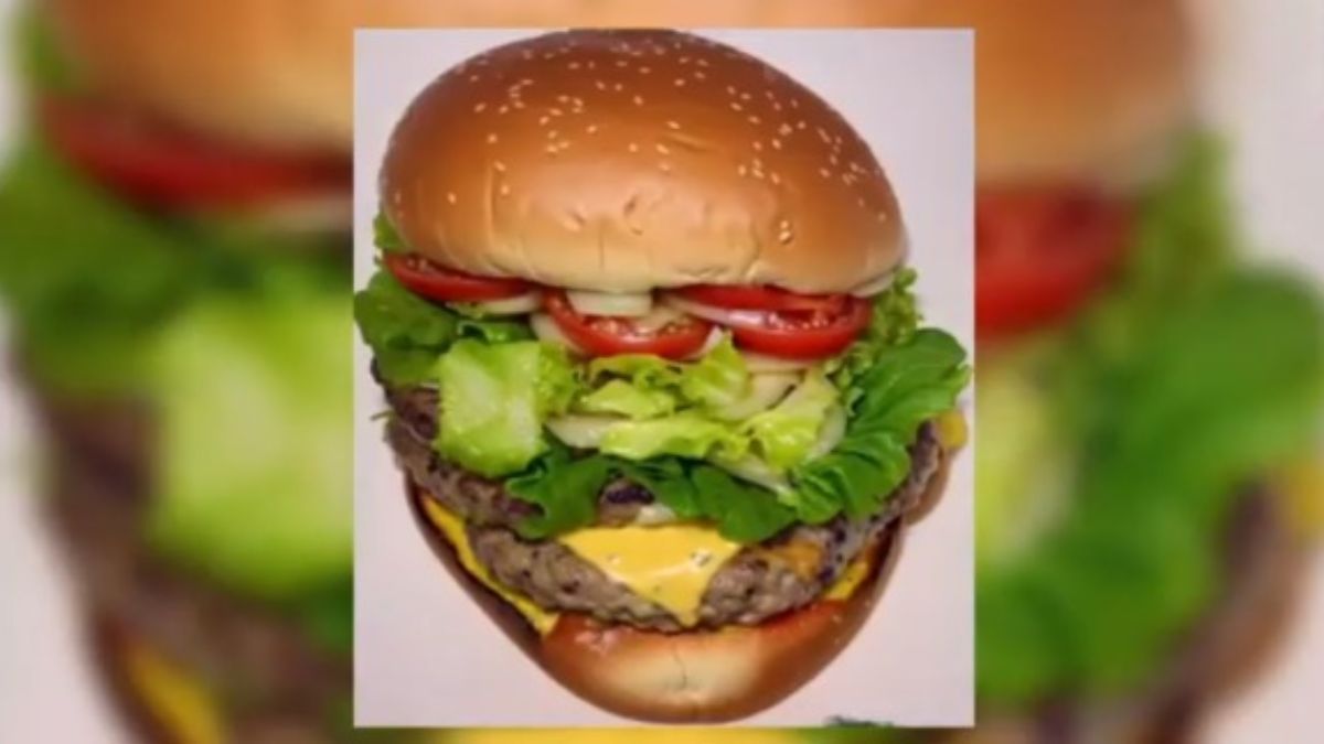 99% see only a burger, but only Ultra-HD eyes can identify the hidden face in this optical illusion!