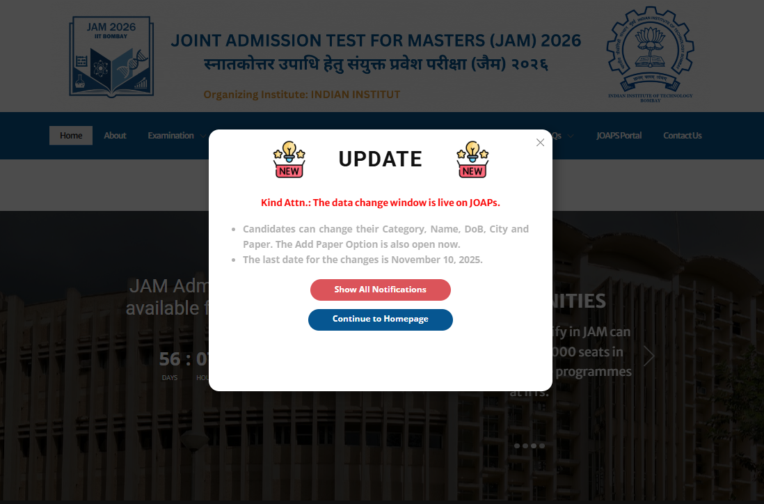 IIT JAM 2026: Application Correction Windows Closing Today at jam2026.iitb.ac.in