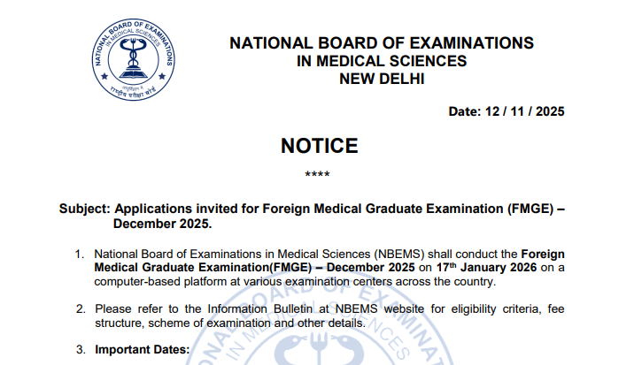 NBEMS Released FMGE December 2025 Notification at natboard.edu.in; Application Begins from Nov 14th