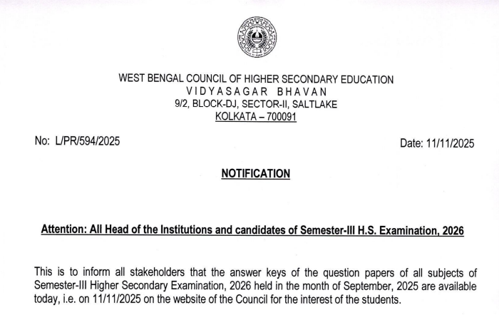 WBCHSE HS (Class 12th) Semester 3 Answer Key 2025 OUT for all Subjects at wbchse.wb.gov.in