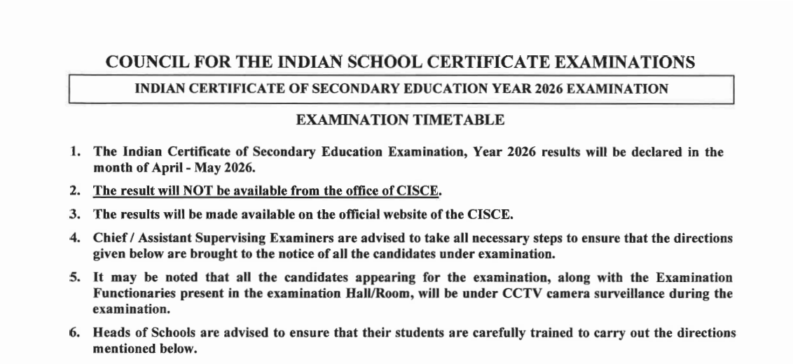 CISCE has released the ICSE Class 10th date sheet today, November 13, 2025.