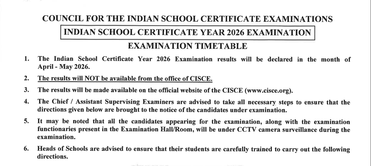 CISCE has released the ISC Class 12th date sheet today, November 13, 2025.