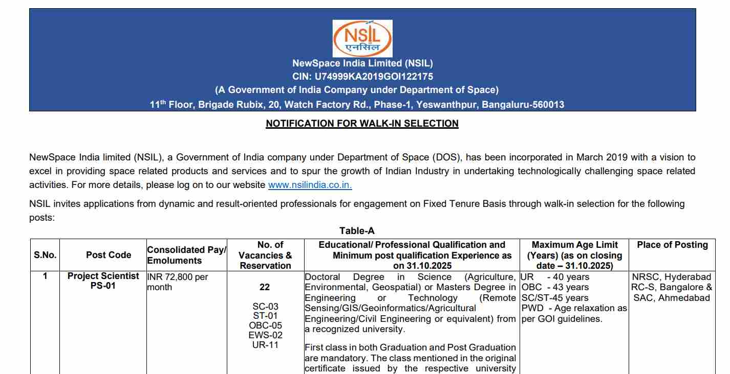 NSIL Recruitment 2025 Notification PDF: NSIL भर्ती नोटिफिकेशन nsilindia.co.in जारी, पदों की संख्या, ऑनलाइन आवेदन की तारीख सहित डिटेल देखें