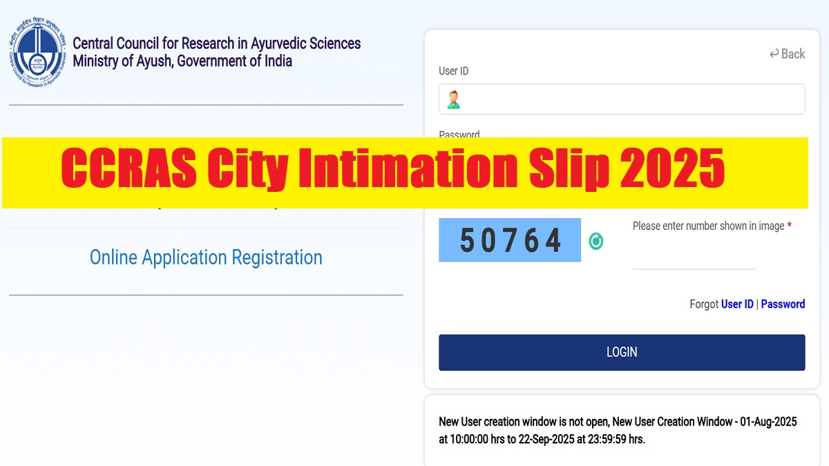 CCRAS City Intimation Slip 2025 Released at ccras.nic.in, Download Exam City Slip Details PDF - Admit Card Soon