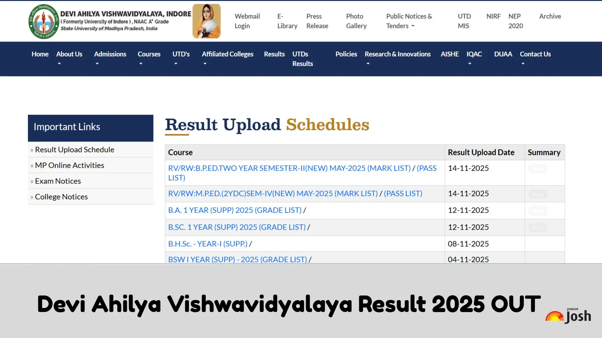 Devi Ahilya Vishwavidyalaya Result 2025 OUT