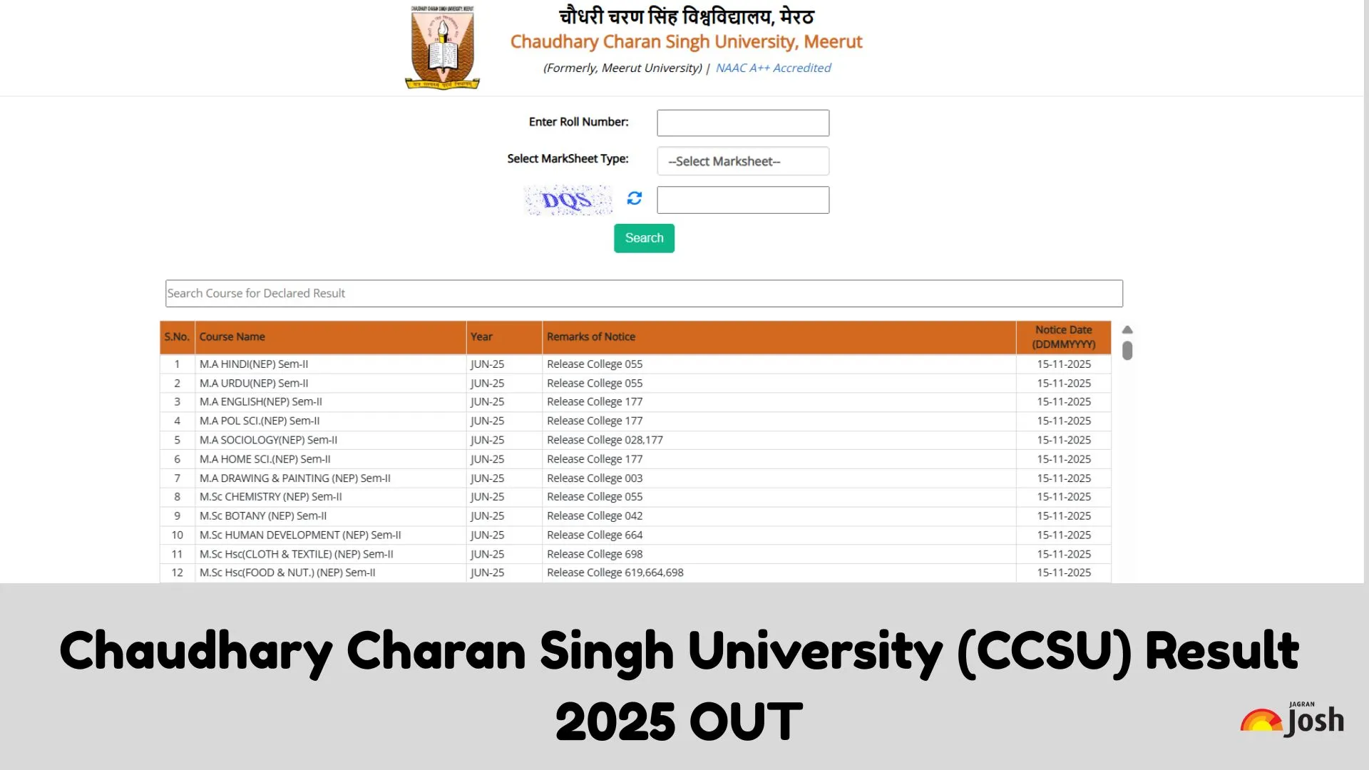 CCS University Result 2025 OUT