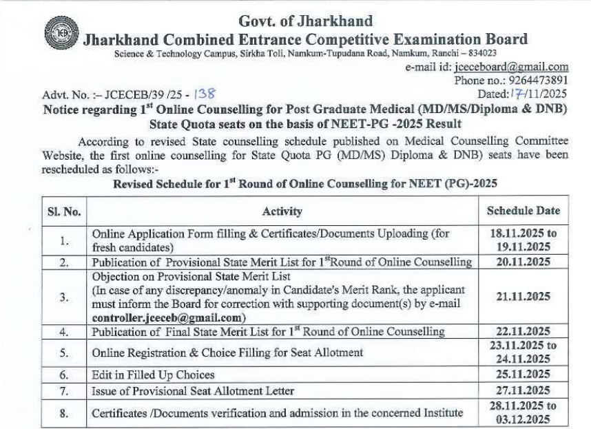 Jharkhand NEET PG 2025: Counselling Round 1 Schedule OUT at jceceb.jharkhand.gov.in; Check Here