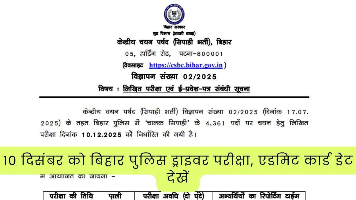 Bihar Police Driver Exam Date 2025 Out