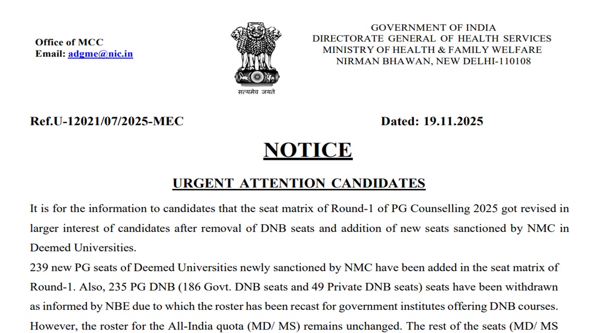 NEET PG Counselling 2025: Notification Issued for Round 1 Allotment, Revised Seat Matrix Released