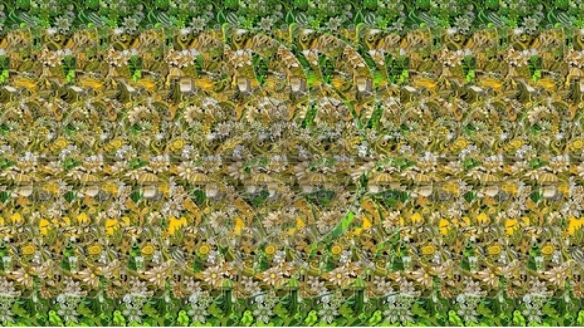 What is hidden in this 3D Stereogram of floral and leafy patterns Optical Illusion?