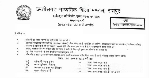 CGBSE HSC, HSSC Exam Timetable 2026: Class 10th, 12th Date Sheet 2026 Out at cgbse.nic.in; Official Notice Here