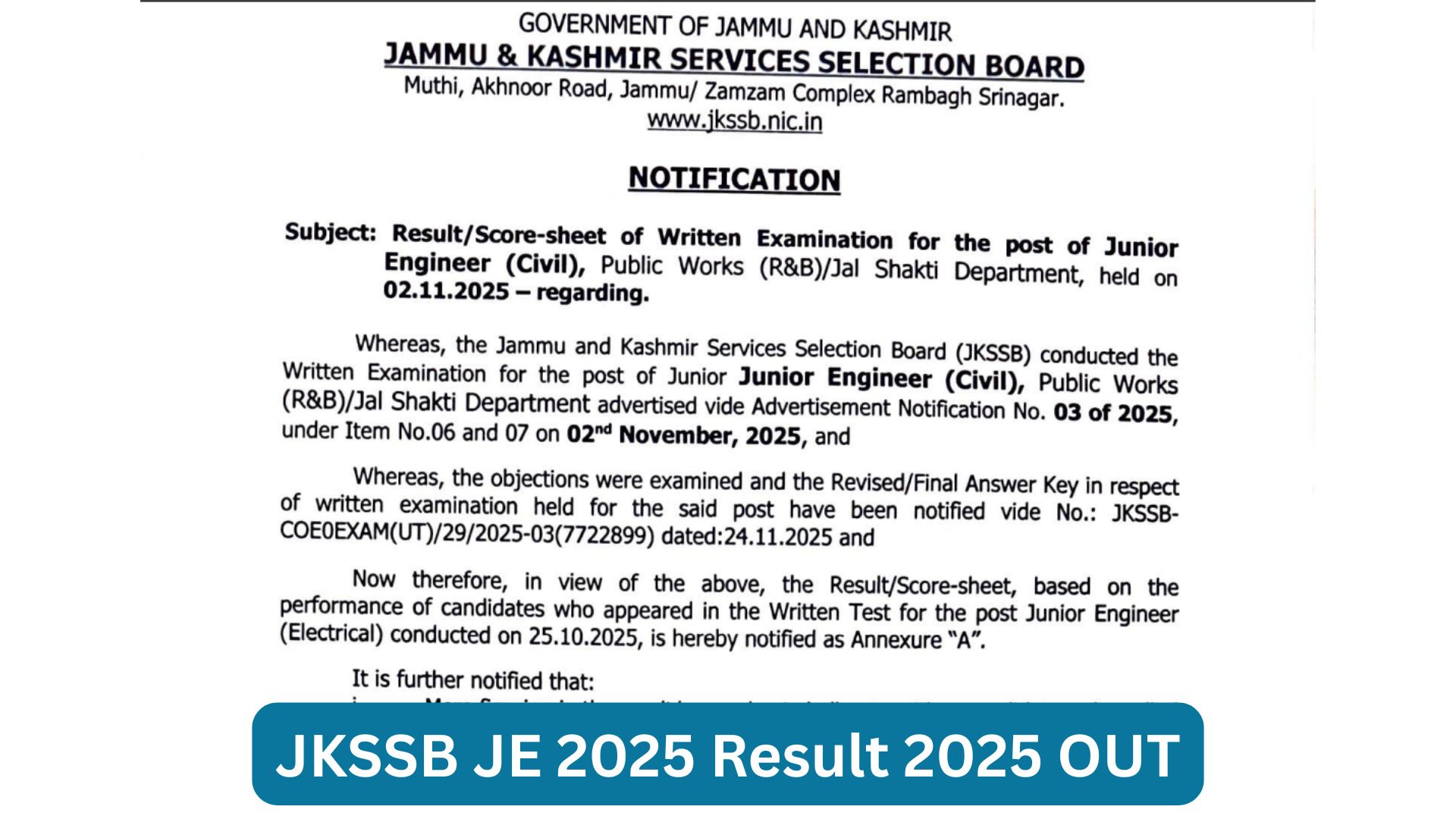 JKSSB JE 2025 Result 2025 OUT: Junior Engineer रिजल्ट jkssb.nic.in पर जारी, ये रहा PDF Link